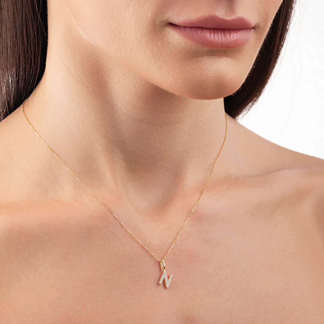 N Letter Natural Diamond Pendant Yellow Gold