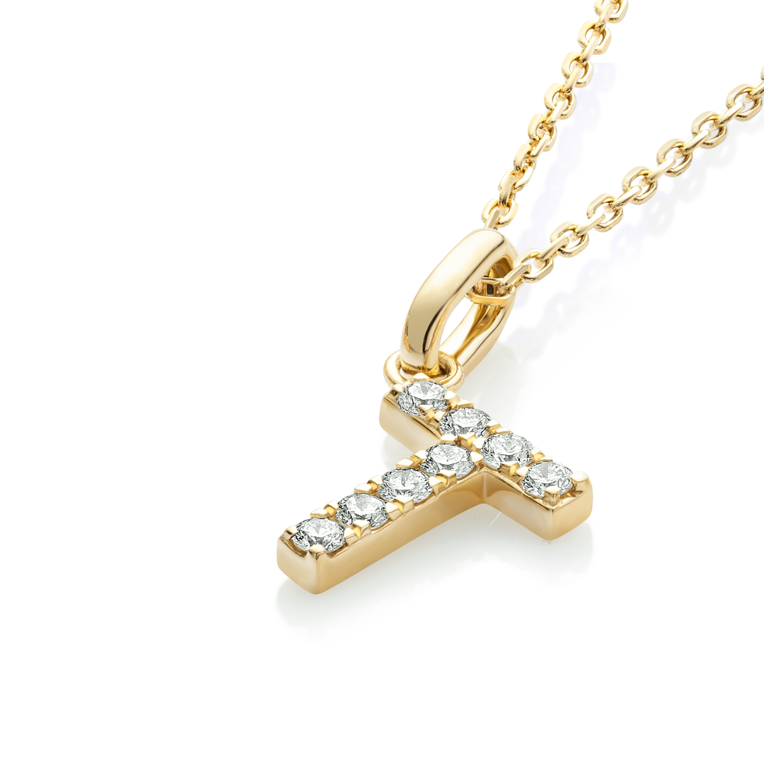 T Letter Natural Diamond Pendant Yellow Gold