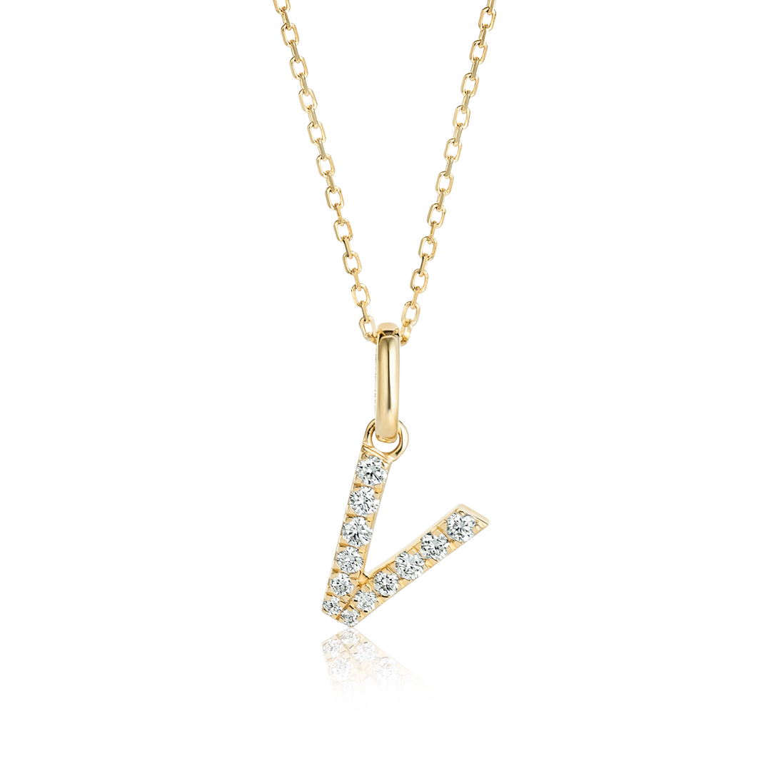 V Letter Natural Diamond Pendant Yellow Gold