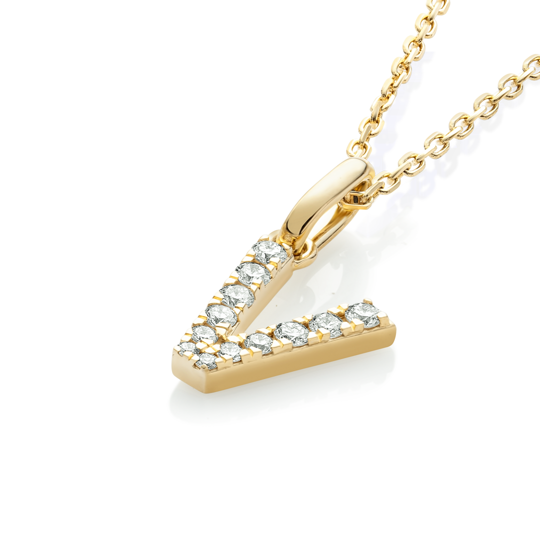 V Letter Natural Diamond Pendant Yellow Gold