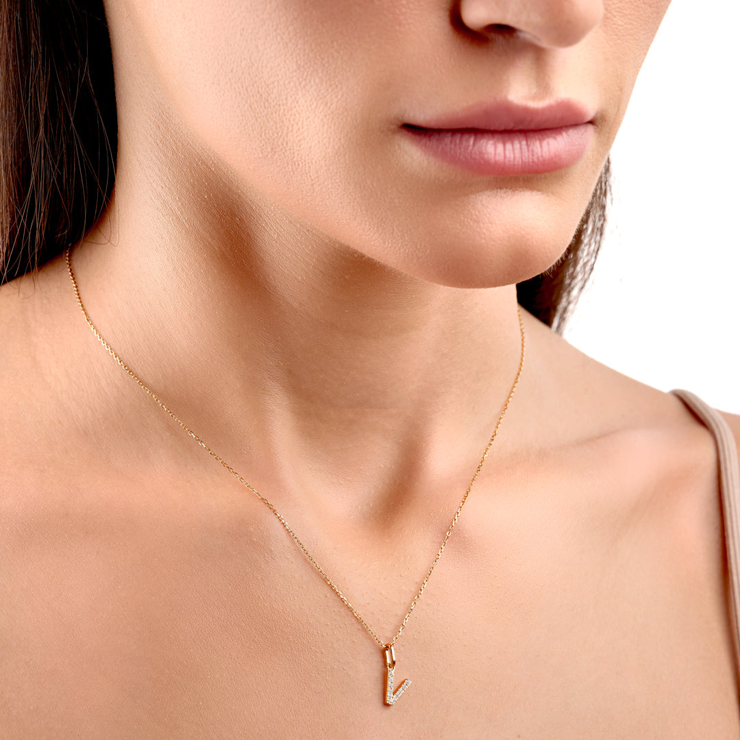 V Letter Natural Diamond Pendant Yellow Gold