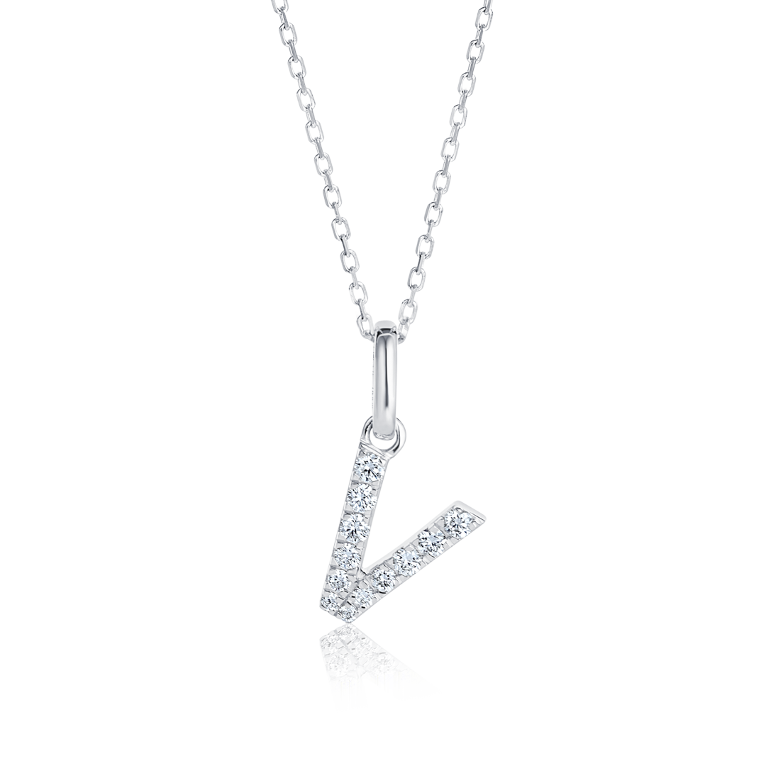 V Letter Natural Diamond Pendant White Gold
