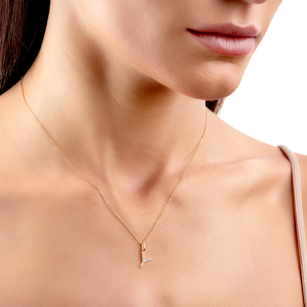 Y Letter Natural Diamond Pendant Yellow Gold